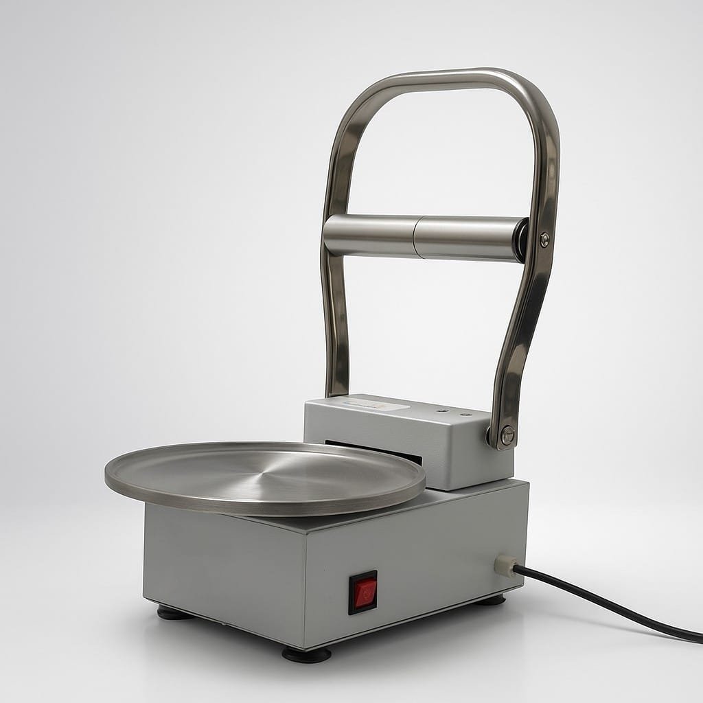 RotiMitra Front View with Power Switch Front view of the RotiMitra assisted dough-pressing appliance showing its handle, plate, switch and power cable.