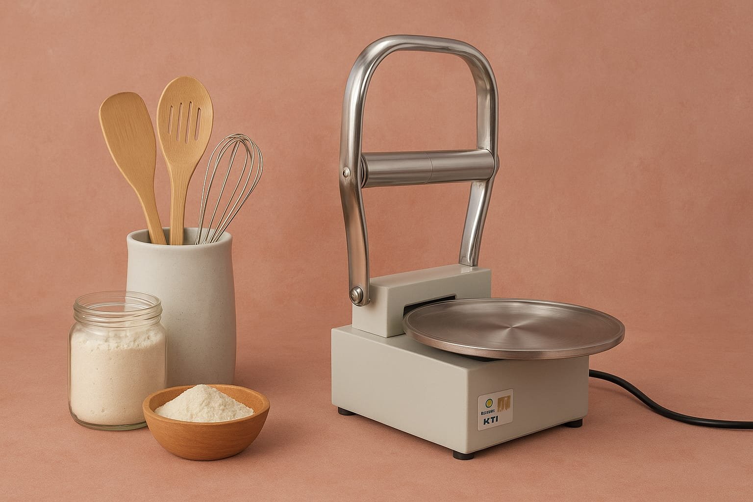 RotiMitra assisted dough-pressing appliance displayed with flour and kitchen utensils.