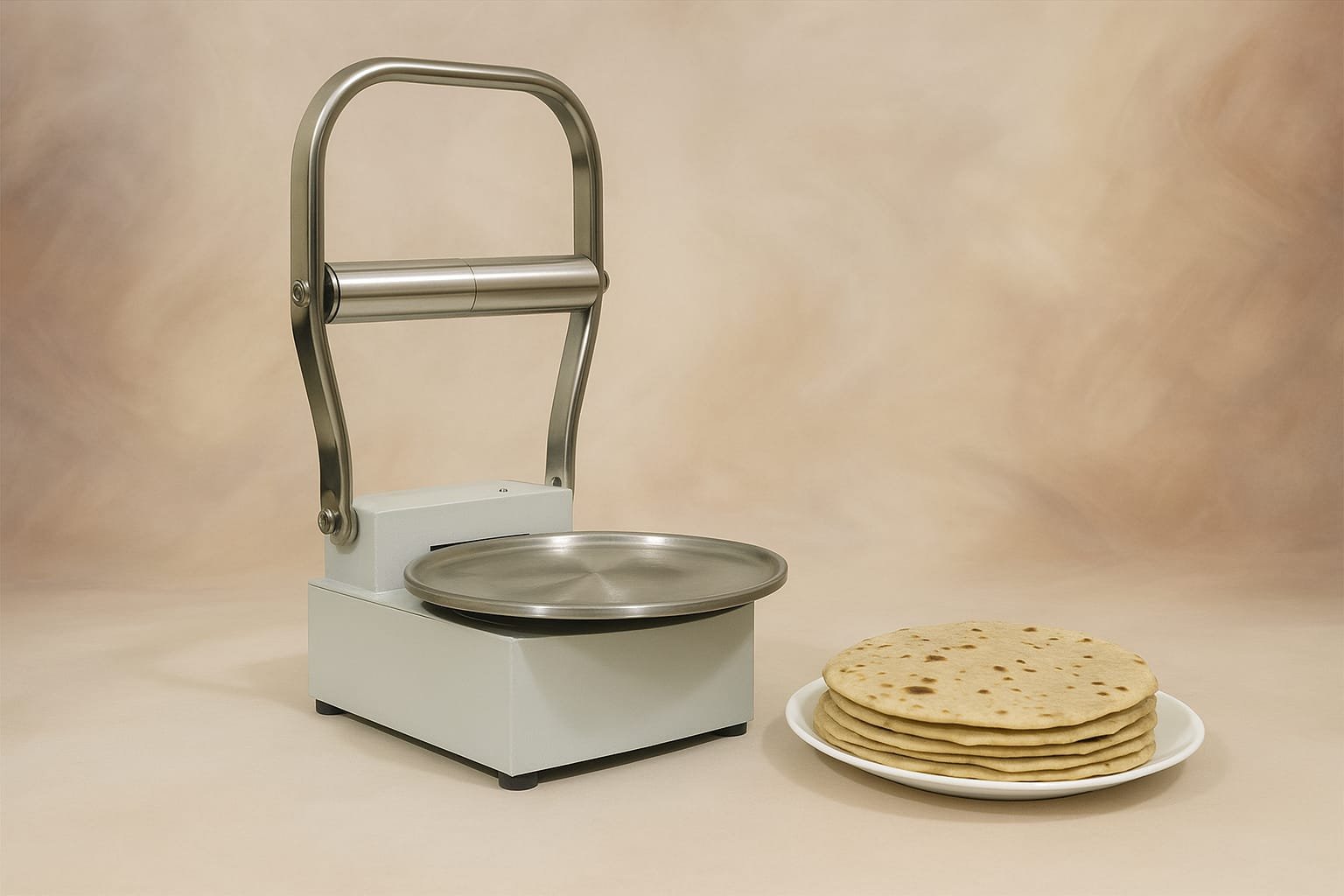 RotiMitra with Prepared Rotis RotiMitra assisted dough-pressing appliance displayed beside a plate of prepared rotis.