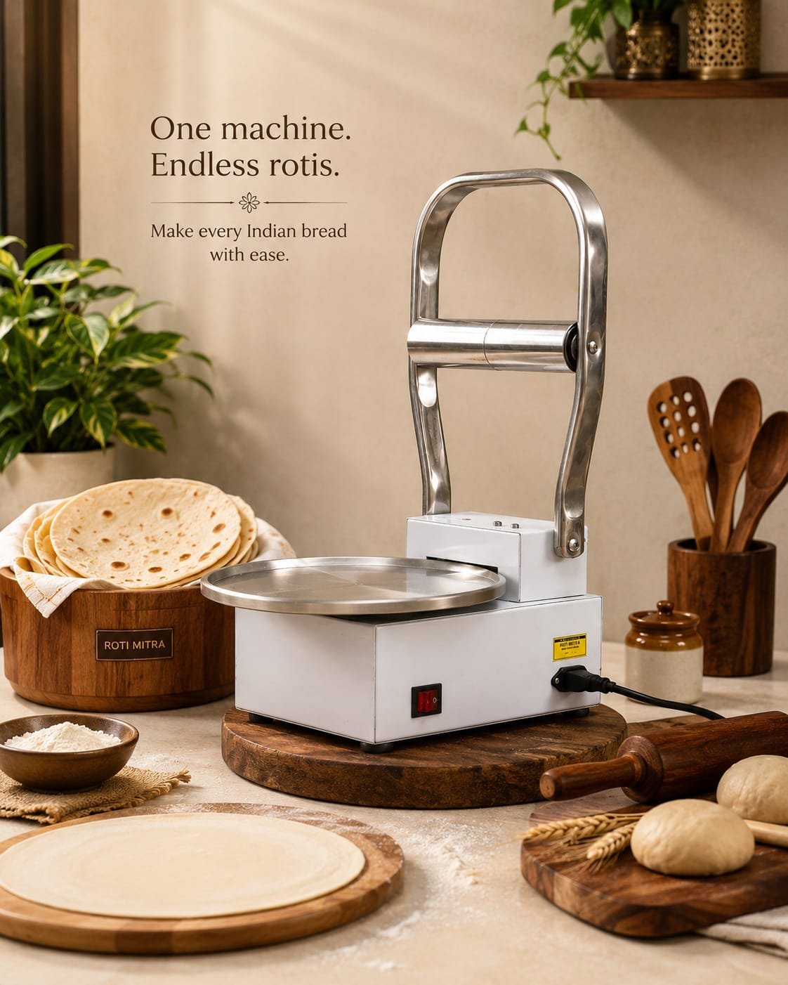 RotiMitra machine product photo with rotis and kitchen setup