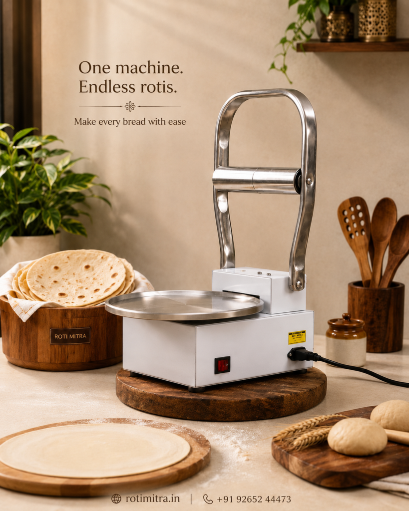 RotiMitra electric roti rolling machine in a warm kitchen with fresh rotis
